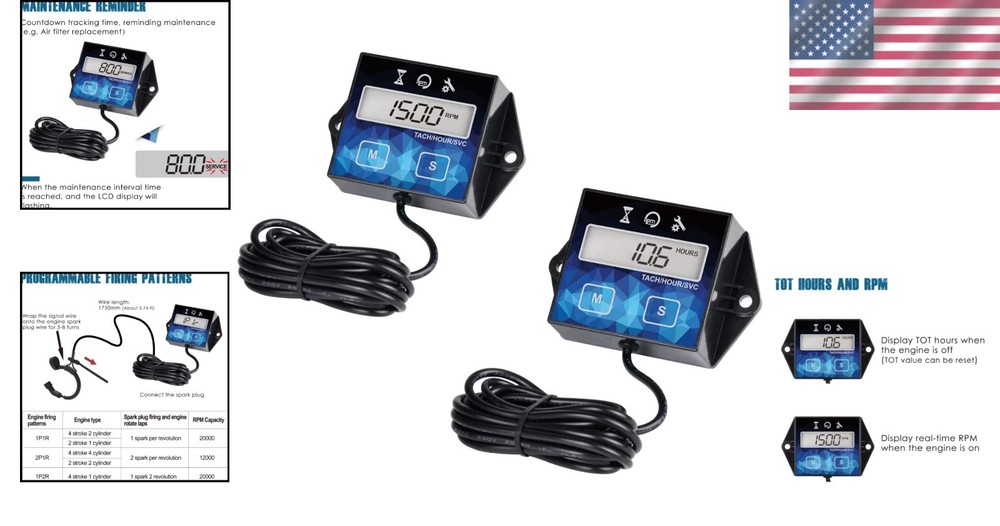 2-Pack Digital Engine Timer & Tachometer with Maintenance Reminder for Effici...