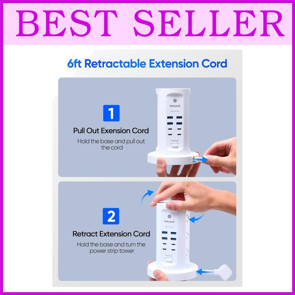 Vertical Power Strip Tower with USB - Surge Protector