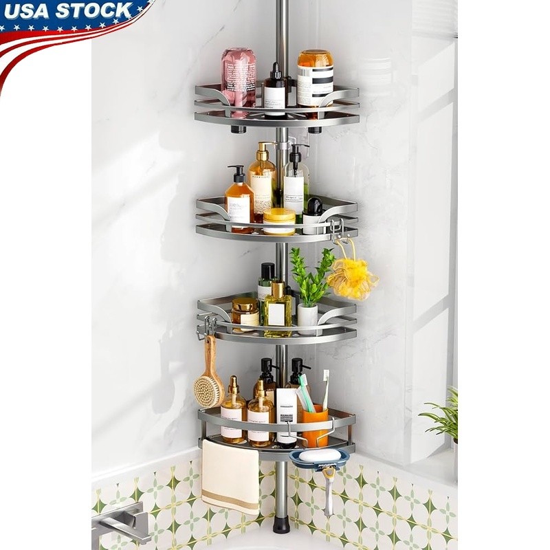 Adjustable Shower Caddy Tension Pole 4-Tier Bathroom Organizer Rustproof Storage