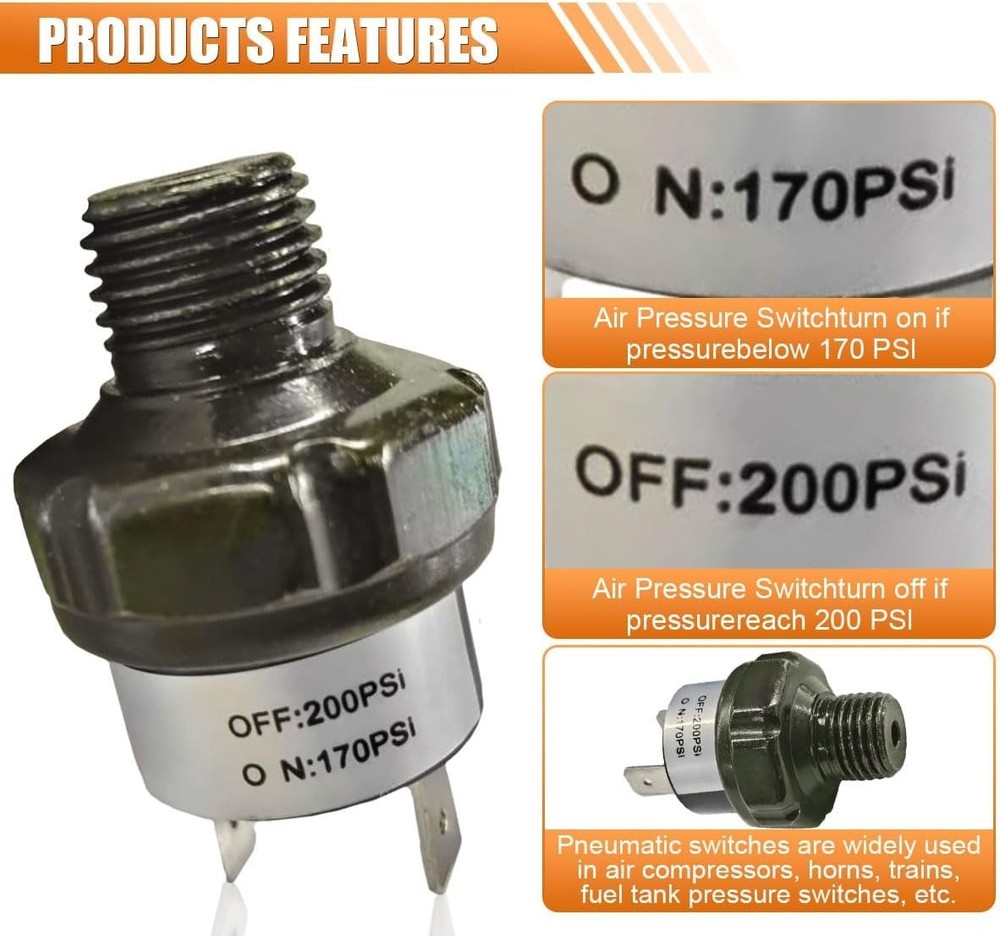 170-200 PSI Air Compressor Pressure Switch 12V/24V DC NPT Thread