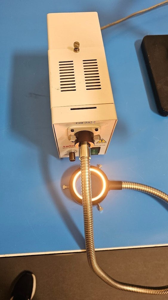 AmScope 150W Cold-Light Fiber Optic Microscope Illuminator w/ Haloid Lamp & Ring