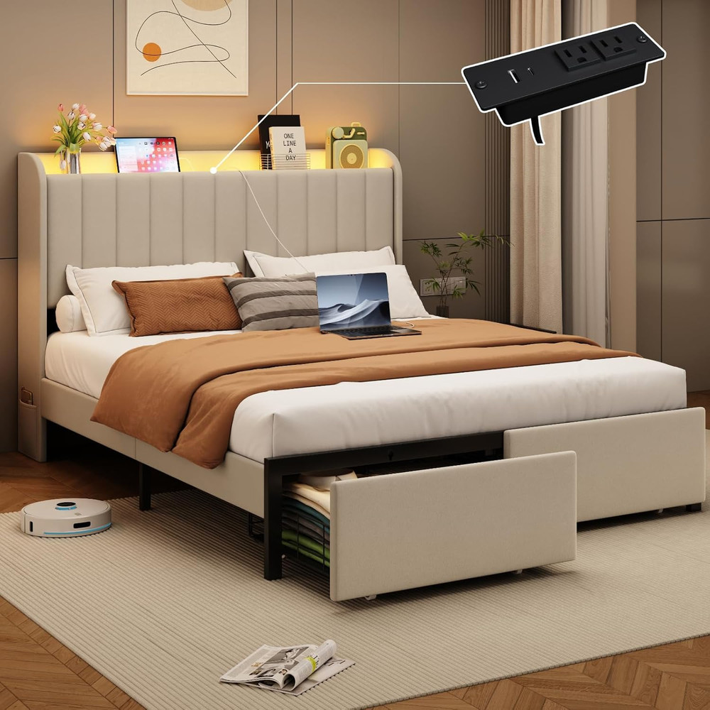 Full Size Bed Frames with Storage Headboard and 2 Drawers, Upholstered Platform