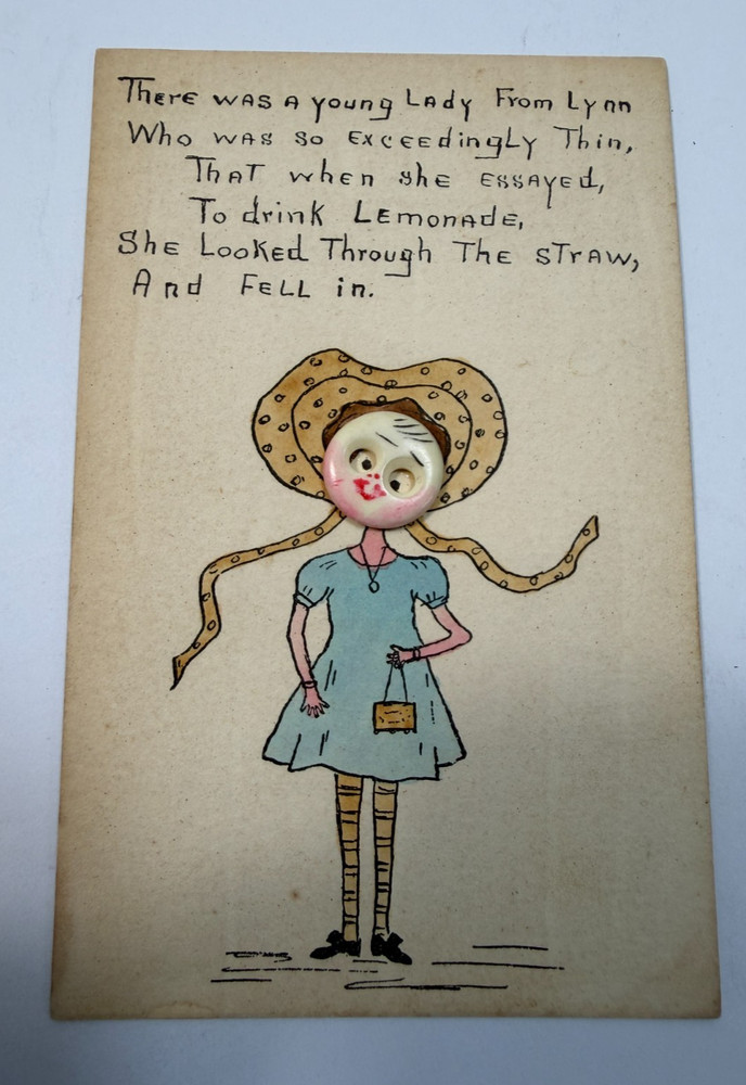 Postcard Button Face ~ Lady from LynnWgo was so Thin