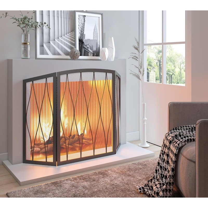 Childproof Fireplace Screen 3- Panel Modern Handcrafted Wrought Iron Foldable