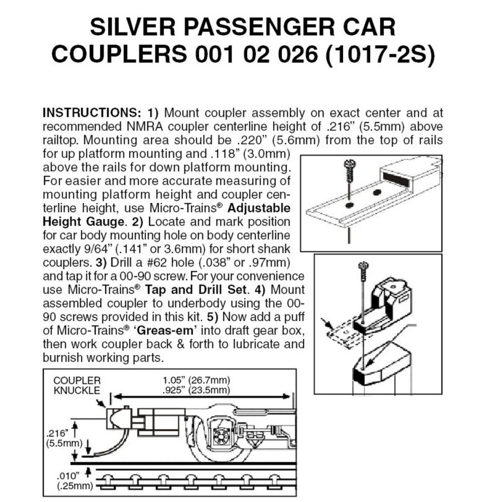 Micro Trains ~ N Scale ~ 1017-2 Coupler ~ Assembled ~ Silver 2 Pair ~ 00102026