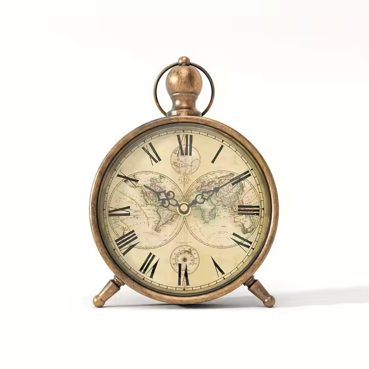 Antique/Map-Style Metal Table Clock with Silent Movement