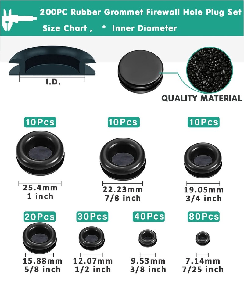 Gysxrda Rubber Grommet Kit 200 Pack - 7 Sizes Firewall Hole Plugs - B