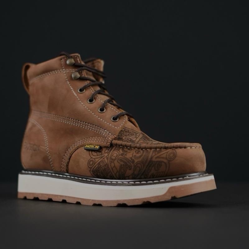 MENS PATRON BROWN LEATHER WORK BOOTS AZTEC ENGRAVED MOC TOE DURABLE SOFT TOE