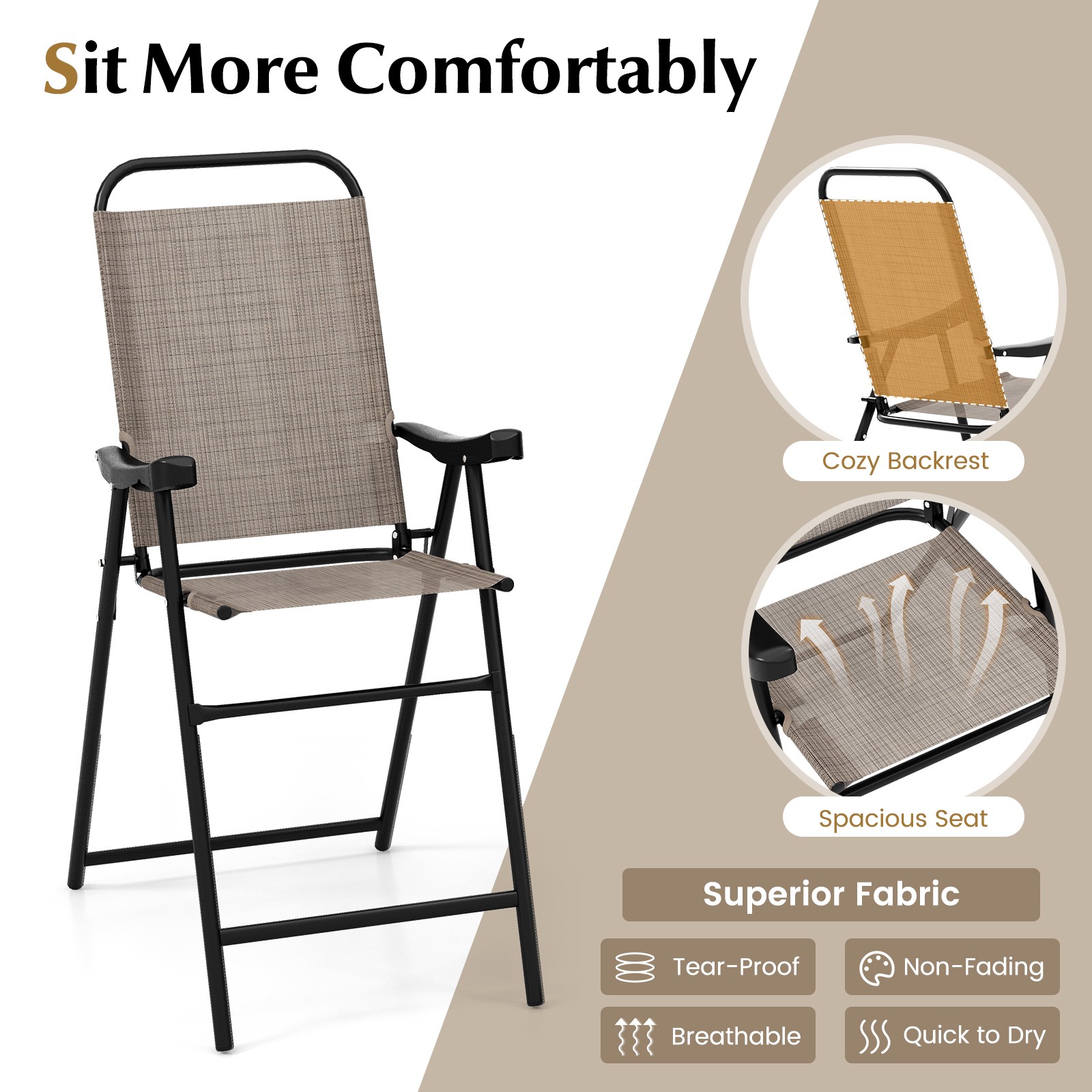 Patio 2 PCS Bar Chair Folding Bar Height Metal Frame w/ Footrest Garden Coffee