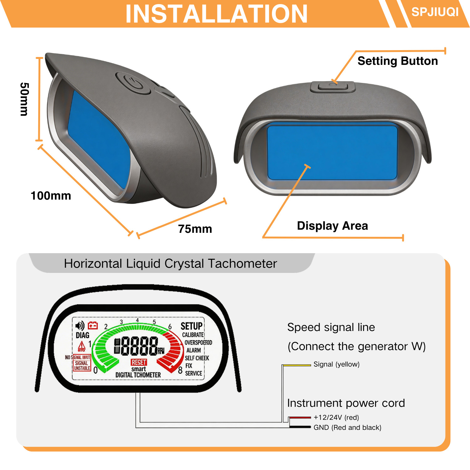 Horizontal LCD Digital Tachometer Gauge DC 9-36V Sunshade Waterproof -10~50°C