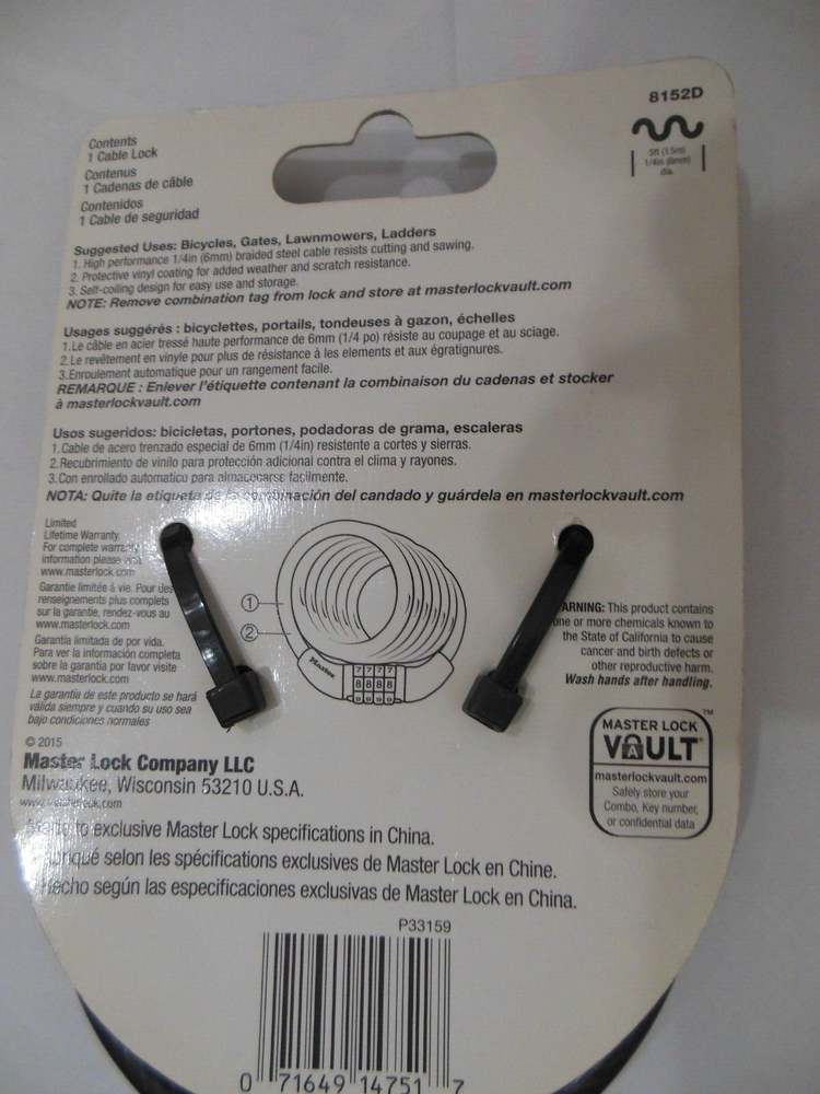 Master Lock *Preset Combination Cable Lock * 8152 D ** Free Shipping