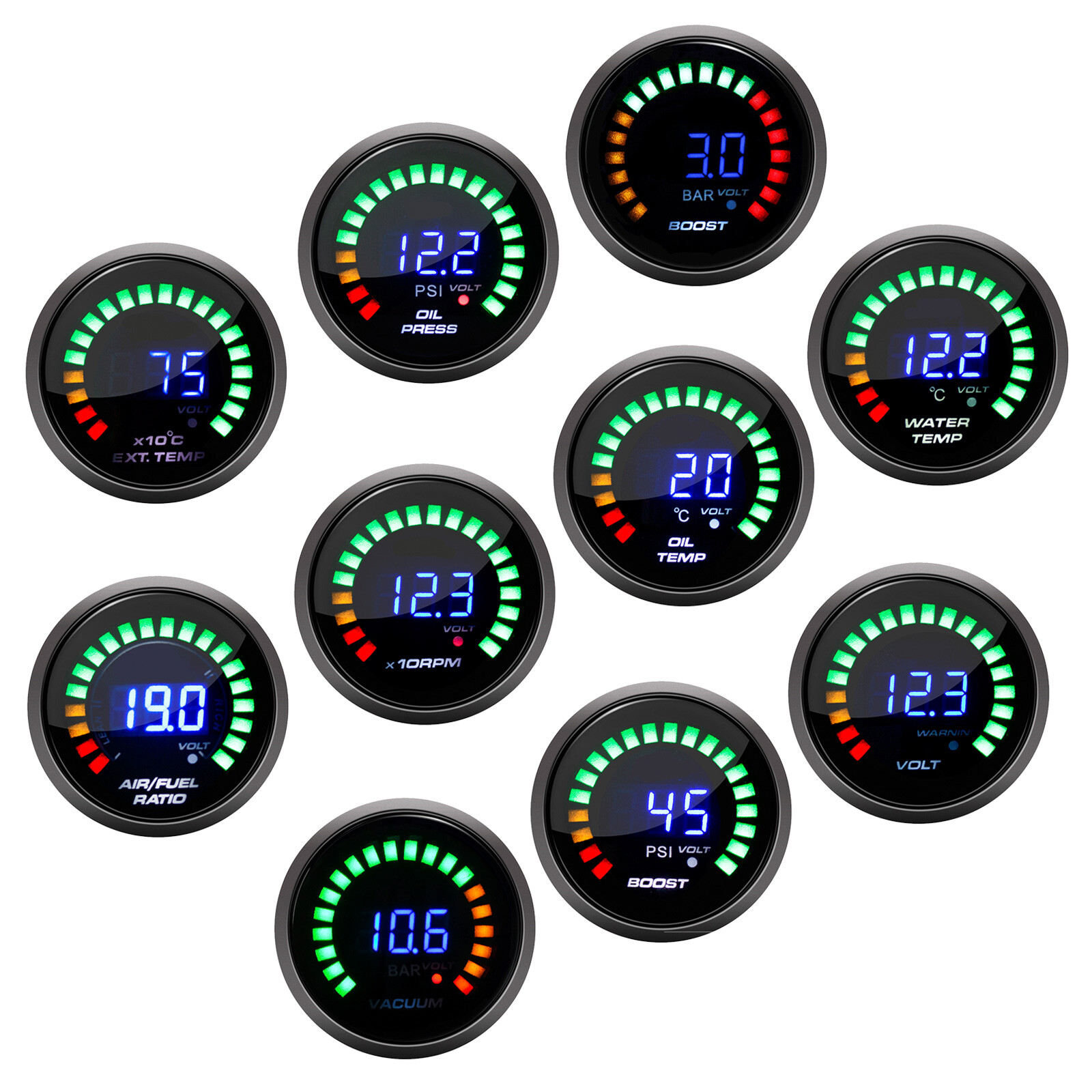 2"52mm Car Digital PSI Turbo Boost/Water/Oil Temp/Pressure/Tachometer/EGT Gauge