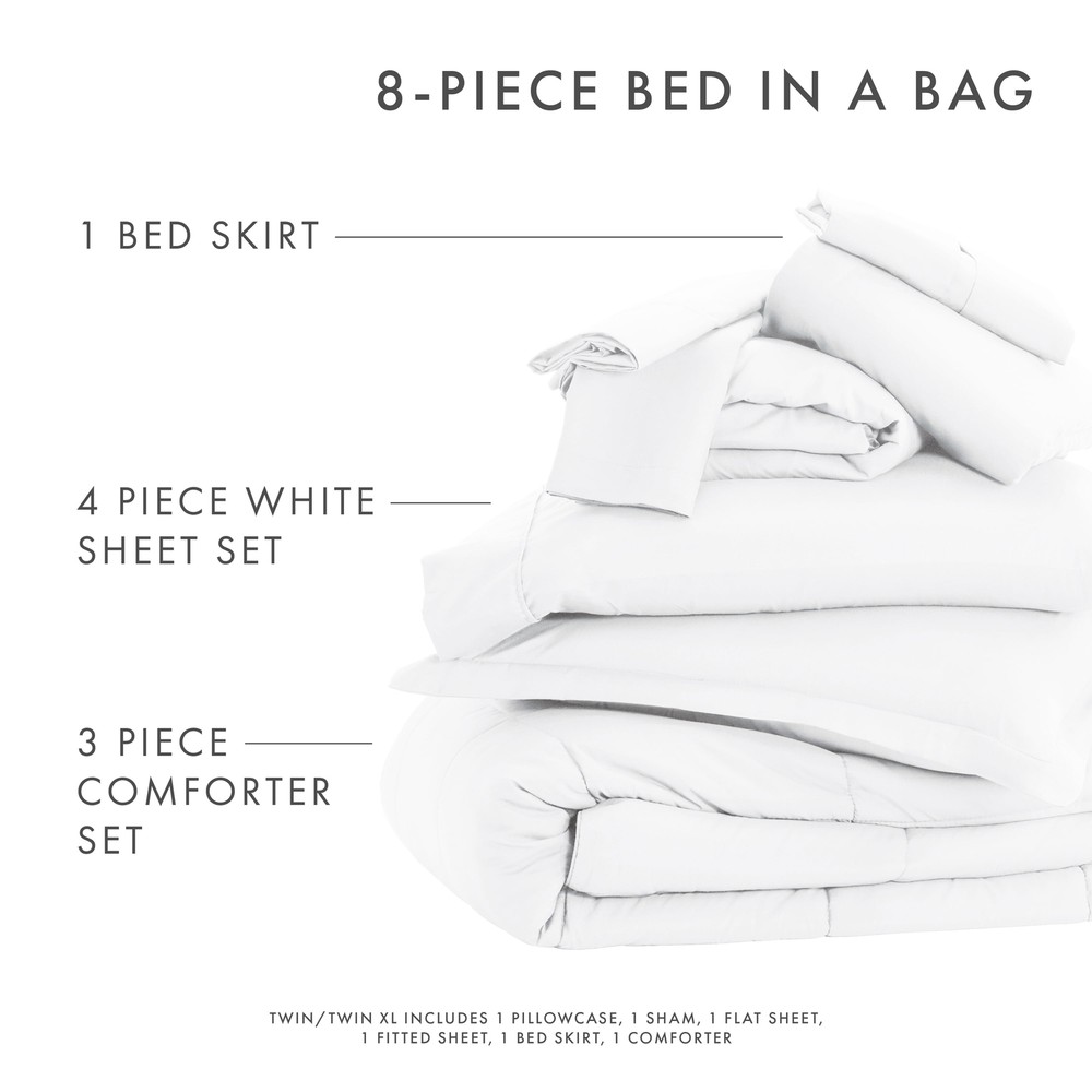 8-Piece White Bed in a Bag Microfiber Bedding Set, Queen