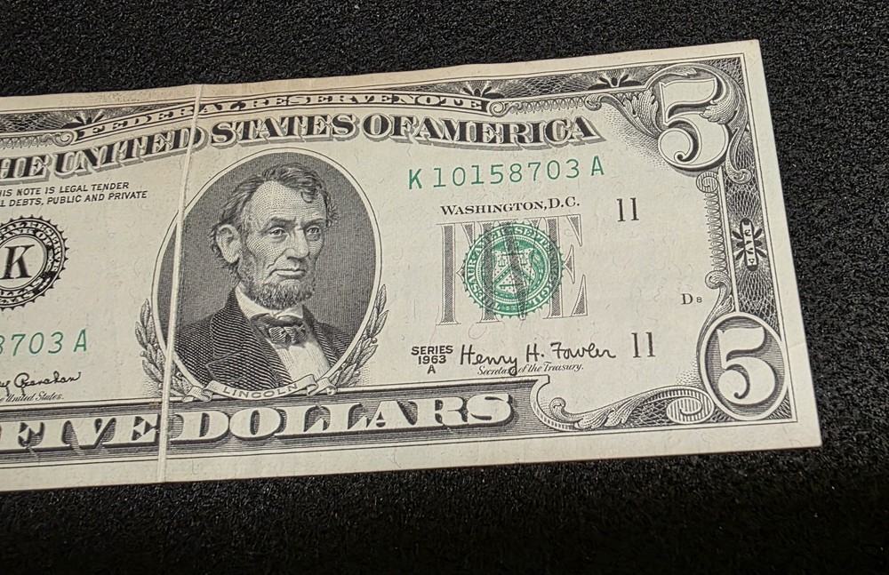 1963 A $5 Error Gutter Fold Federal Reserve Note.