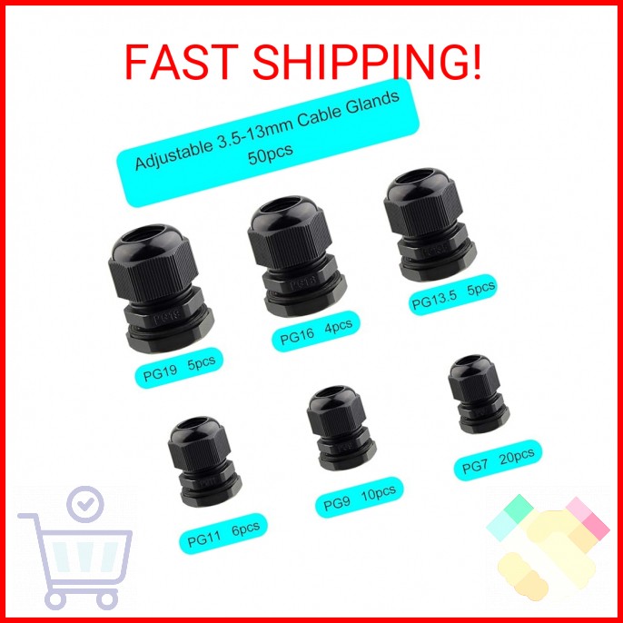 TUPARKA 50 Pack Cable Gland Waterproof Adjustable 3-16mm Cable Connectors PG7 PG