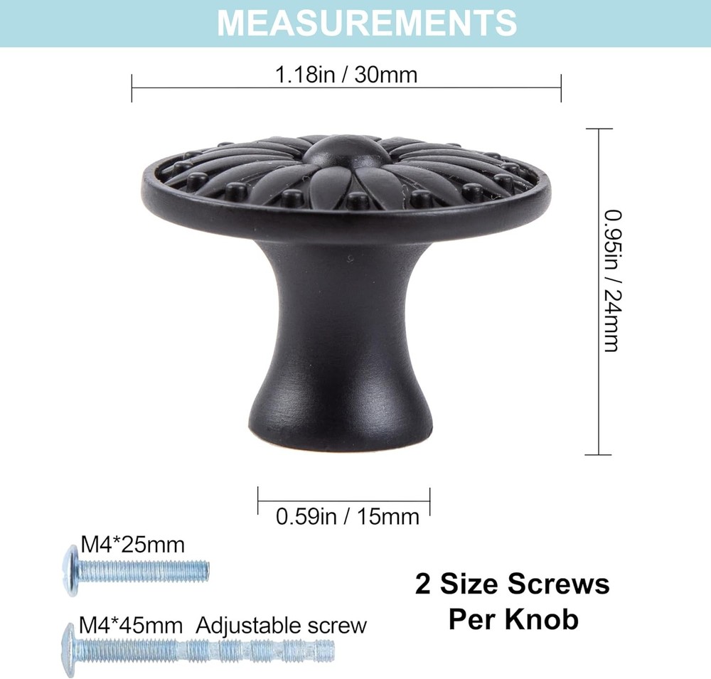 10 Pack Black Knobs for Cabinet Drawers Dresser, Vintage Solid Matte