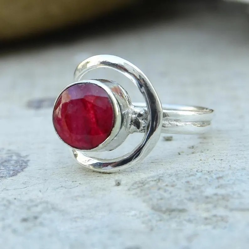 Solid 925 Sterling Silver Natural Red Ruby Round Gemstone Handmade Women's Ring