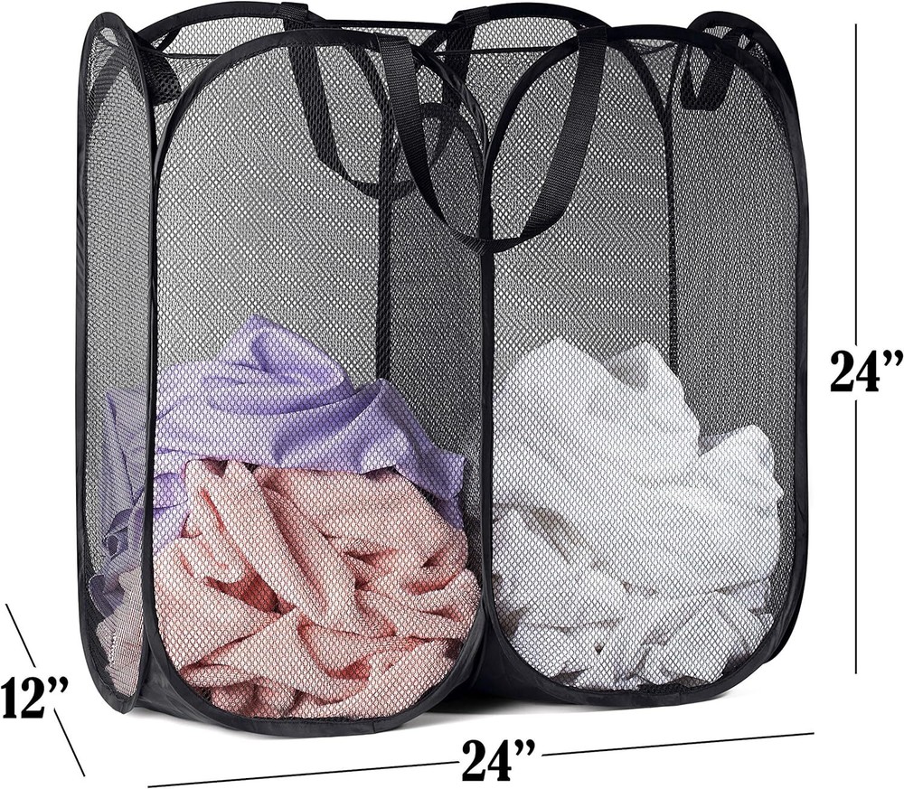 Mesh Popup Laundry Hamper - Two Compartments, Collapsible for Storage and Easy