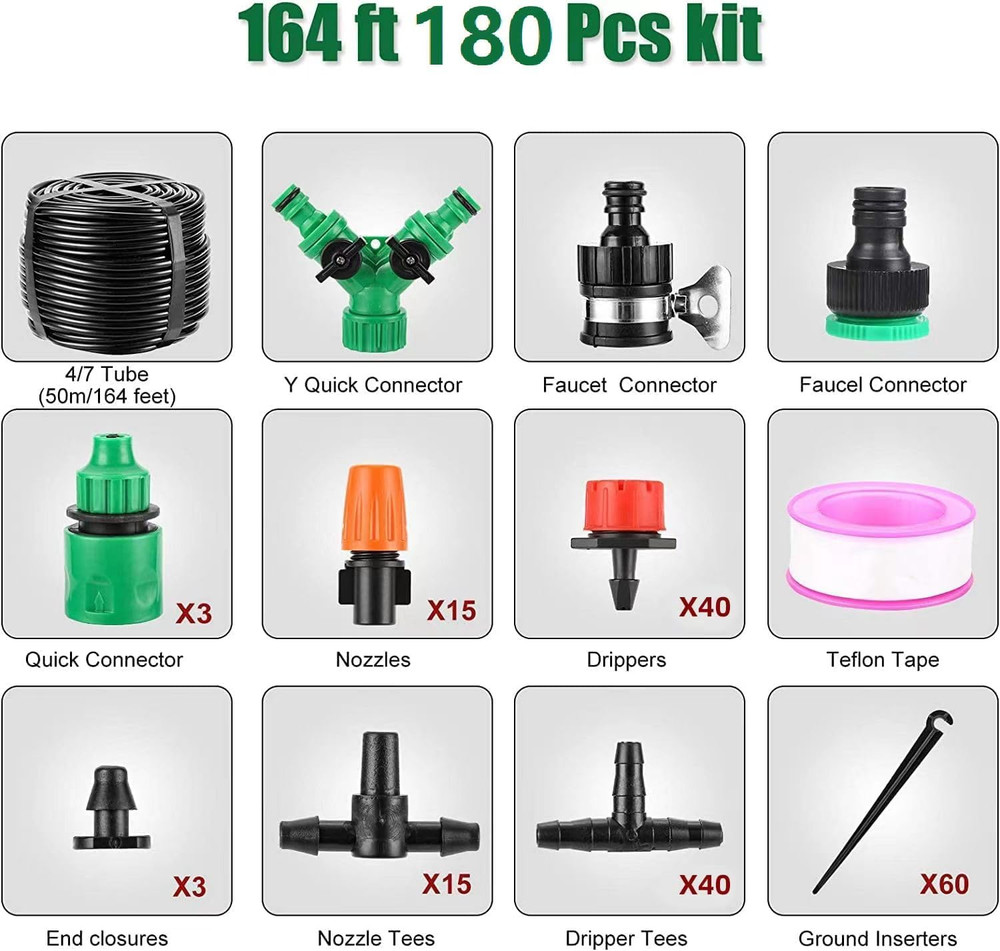 Drip Irrigation System, 180 Pcs 164FT Garden Irrigation System 1/4