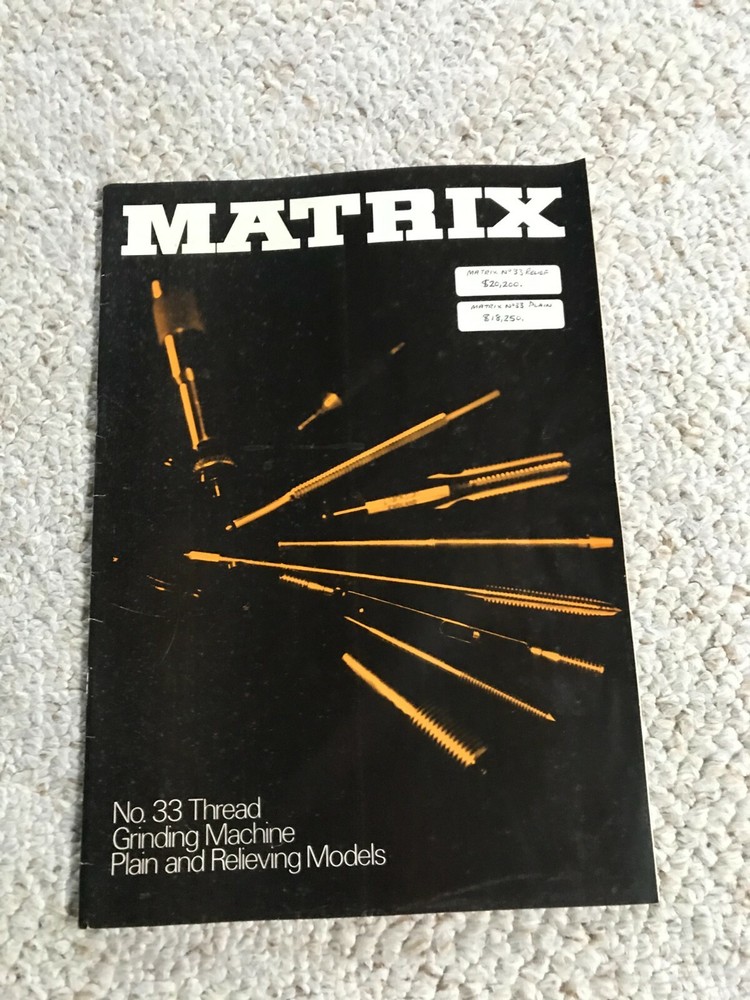 Matrix No. 33 Thread Grinding Machine Plain & Relieving Sales Catalog           