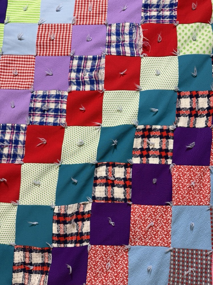 Handmade Rag Quilt Patchwork Tied Multicolor 87x75” Cotton Throw Bedspread