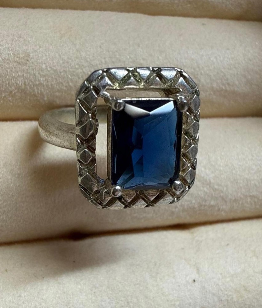 Sterling Silver Ring with Cushion Cut Rectangular Blue Sapphire