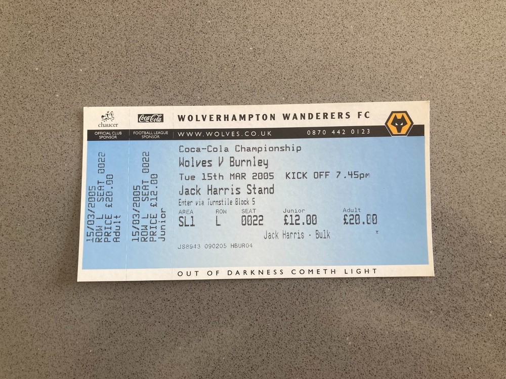 Wolverhampton Wanderers v Burnley 2004-05 Match Ticket