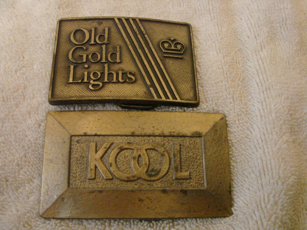 2 DIFFERENT CIGARETTE BELT BUCKLES KOOL & OLD GOLD LIGHTS BRASS EMBOSSED