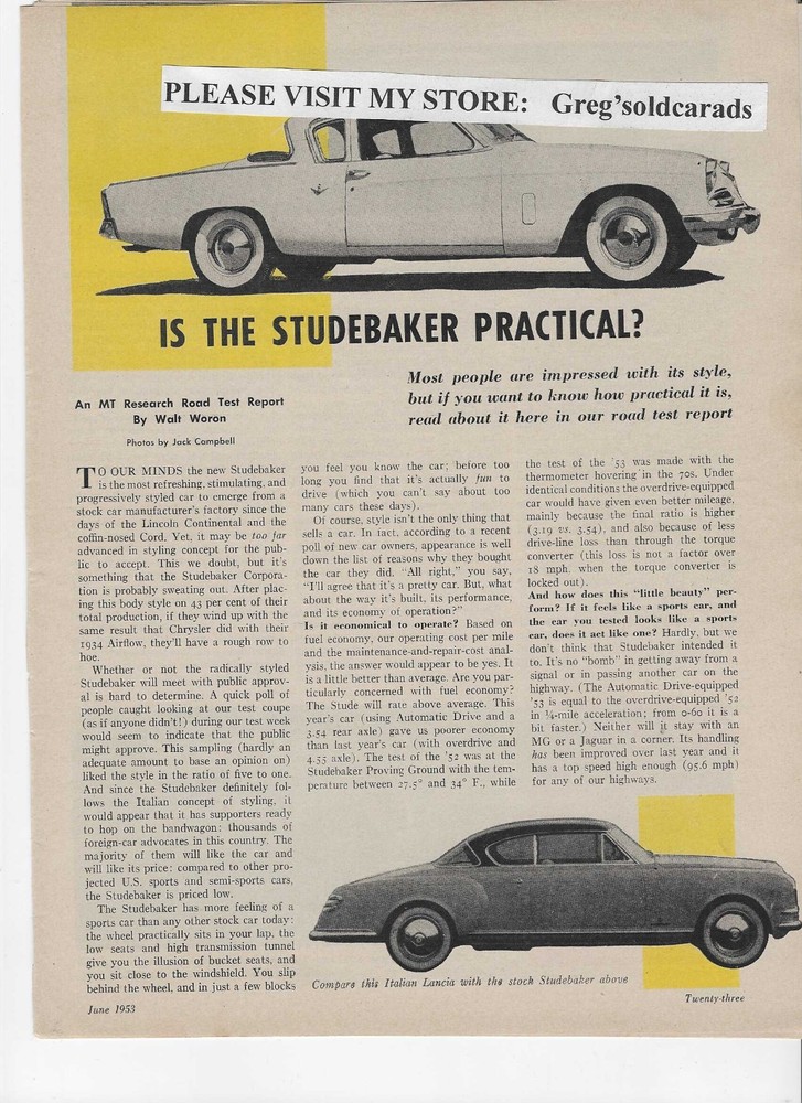 Original 1953 Studebaker  Commander six page  road test, in print ad category