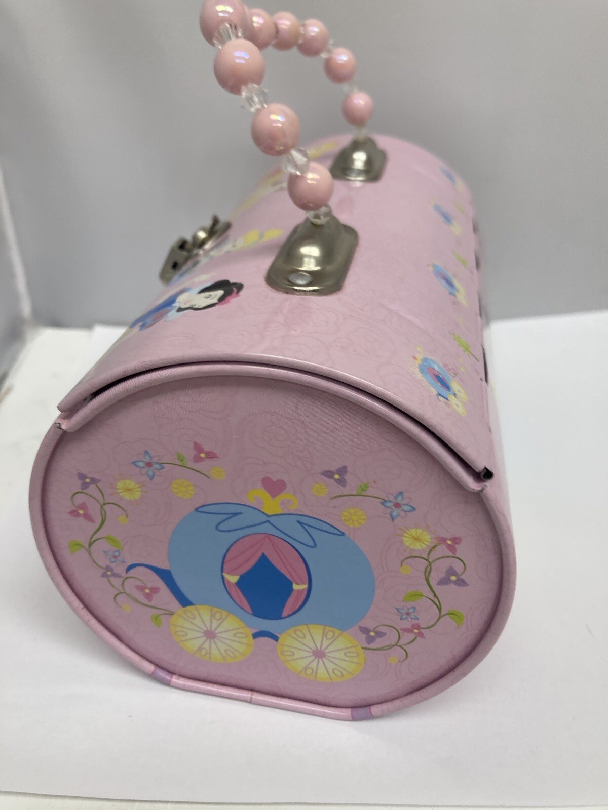 Disney Princess Beaded Pink Tin Tote Purse Case Snow White Cinderella Belle