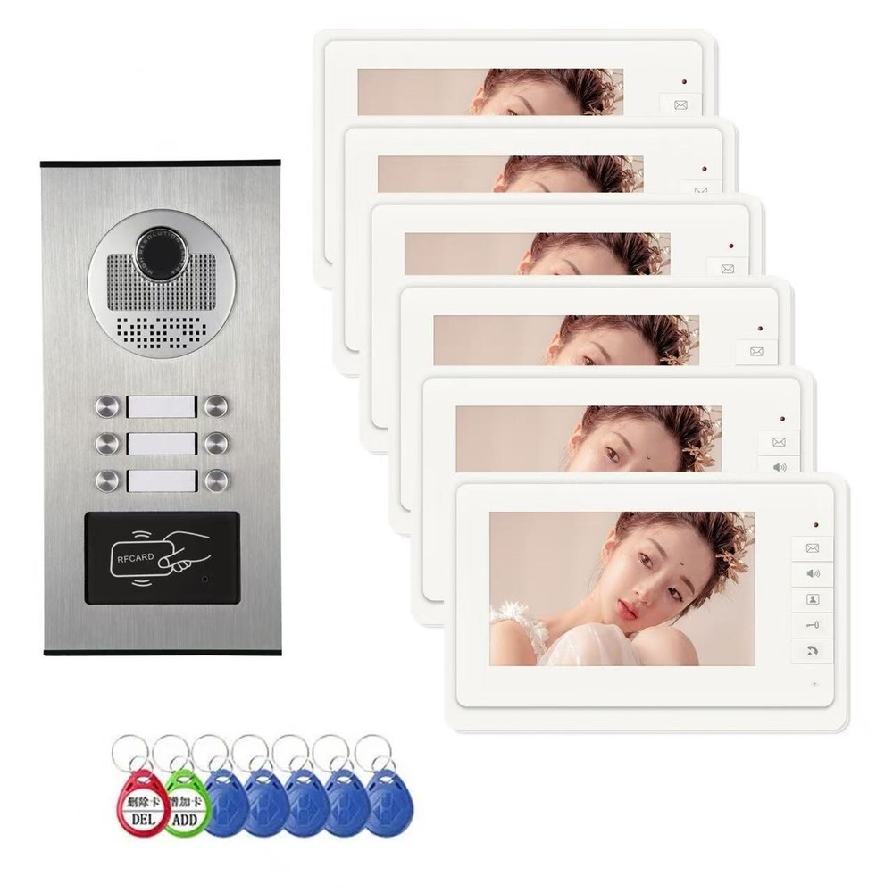 7-Inch Video Door Intercom System for 6 Homes with ID Card Unlock