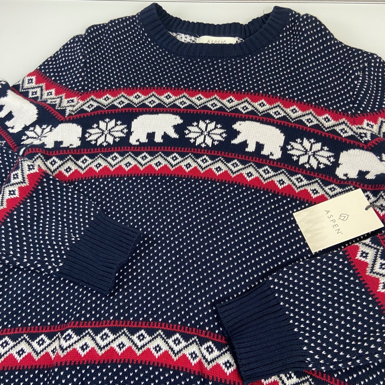 Aspen Mens Medium Polar Bear Christmas Sweater Navy Blue Red White Fair Isle