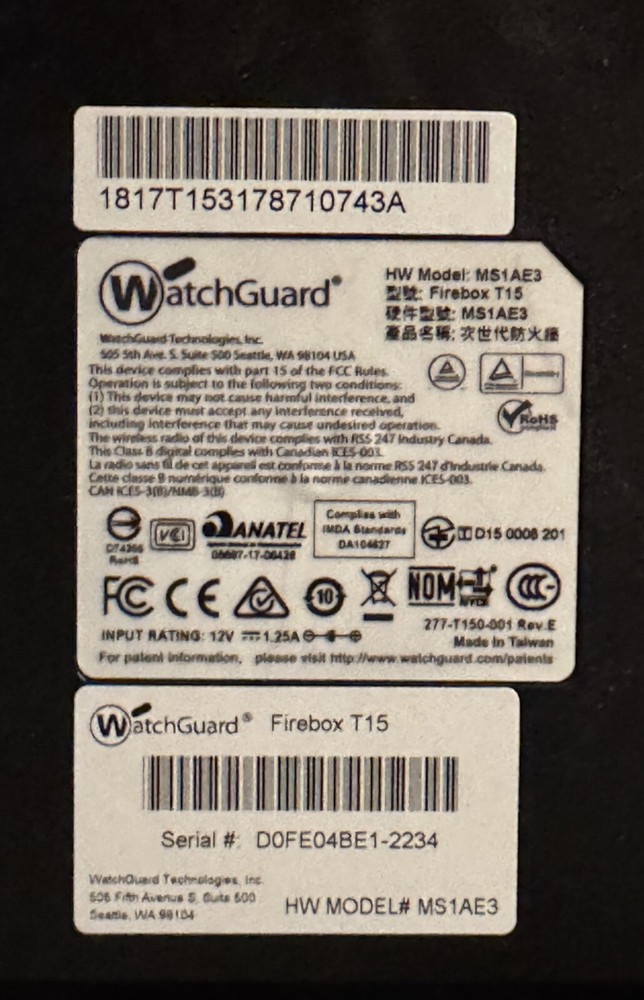 WatchGuard Firebox T15 Network Security Firewall MS1AE3