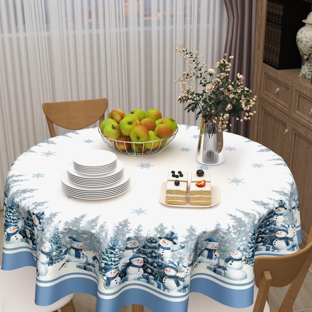 Kawani Winter Snowman Tablecloth Round 60 60" (Round), Trees