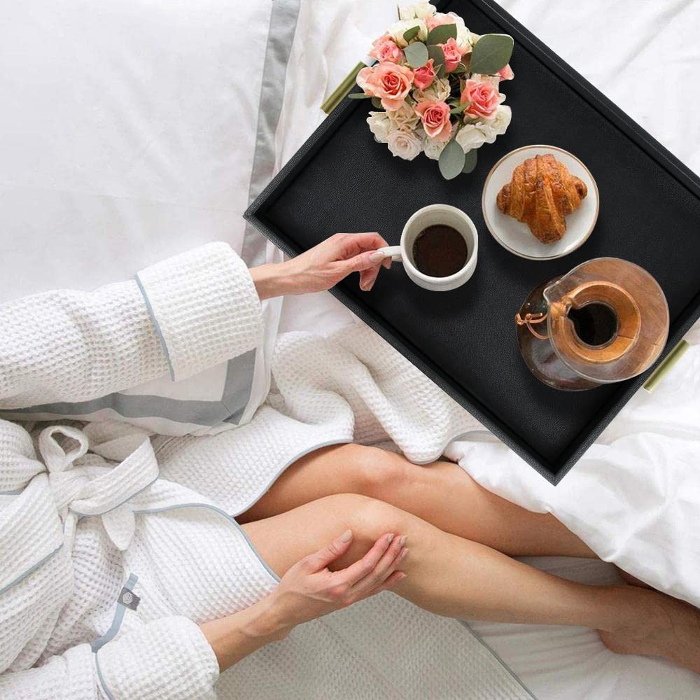 HofferRuffer Extra Large Serving Tray with Handles, Elegant Faux Leather Storage