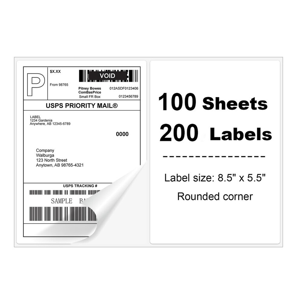 200 Half Sheet Shipping Labels Self Adhesive 8.5" x 5.5" Rounded 2 Per Sheet