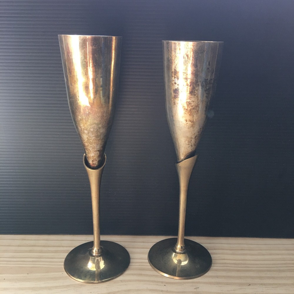 Pair of 1980s Vintage Silver plated Stemmed Wine Goblets  Slender & Tall 9"T 2"D