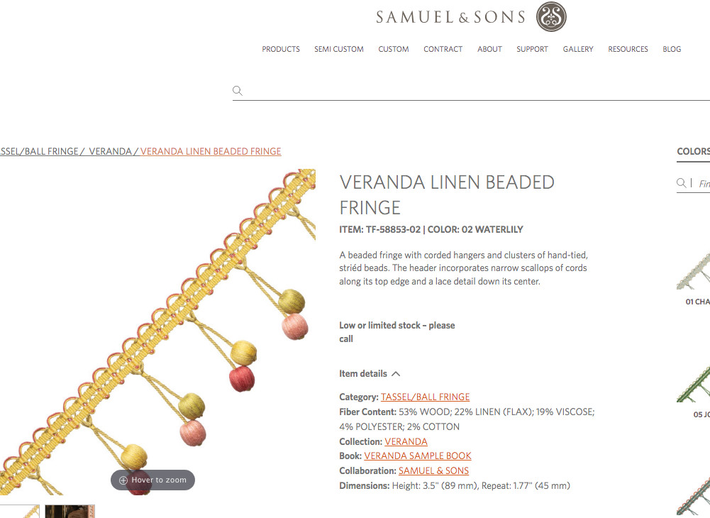 2.67 yd (96") Samuel & Son VERANDA LINEN TASSEL FRINGE Geranium Coral 3.5"w Trim