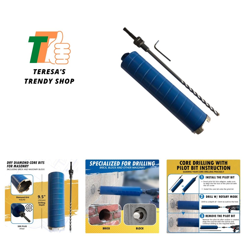 2" Diamond Dry Core Bit for Brick and Block with SDS Plus Pilot Bit Adapter, ...