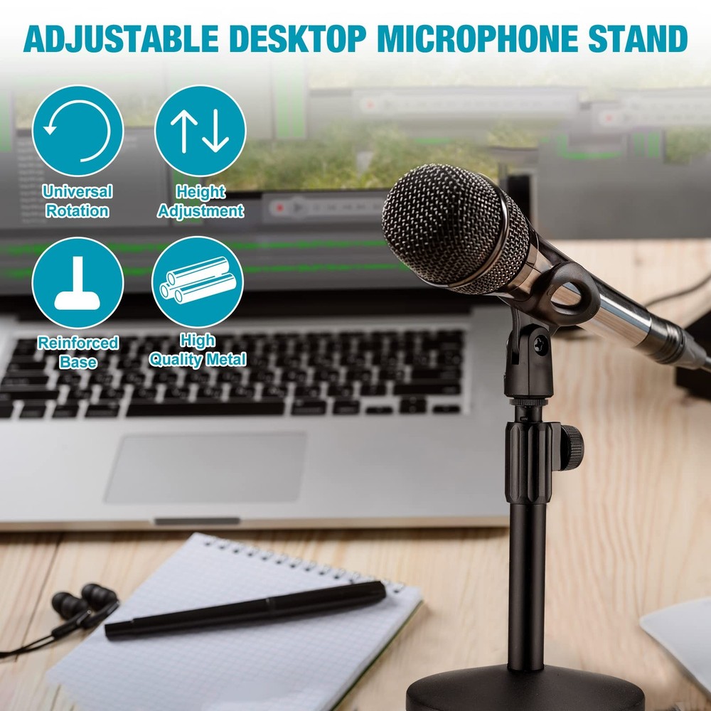 2 PCS Adjustable Desktop Microphone Stand with Mic Clip Round Metal Base