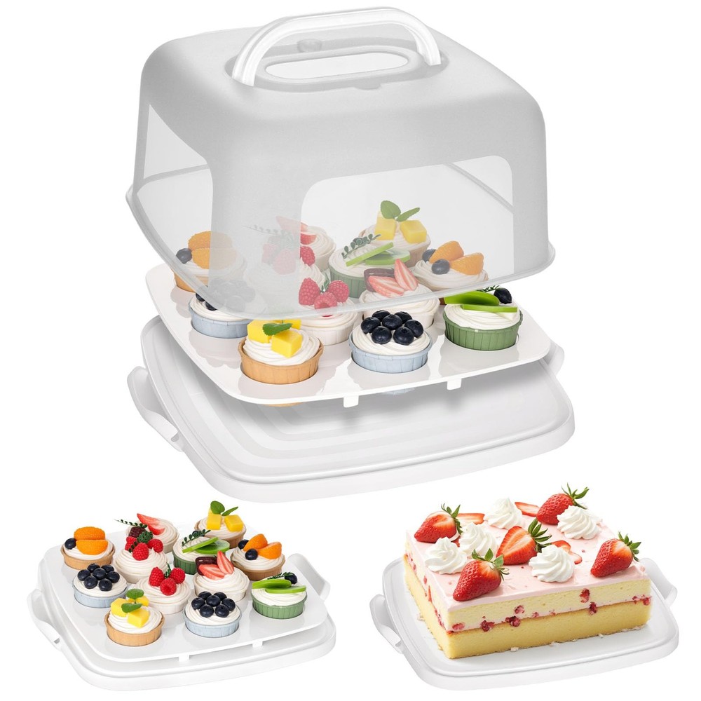 Cupcake and Cake Container with Lid, White Square Cake Carrier 12 Capacity Cu...