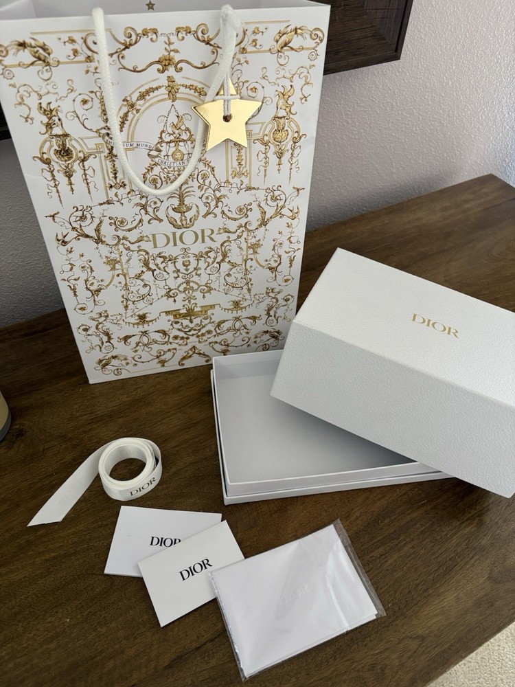 Dior Authentic Ornate White Gold Gift Box Set, Bag Ribbon Star Charm Rectangular