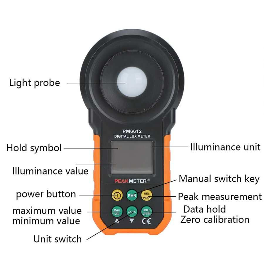 Peakmeter PM6612 Digital Lux Meter 2000 Counts with Auto Manual Range