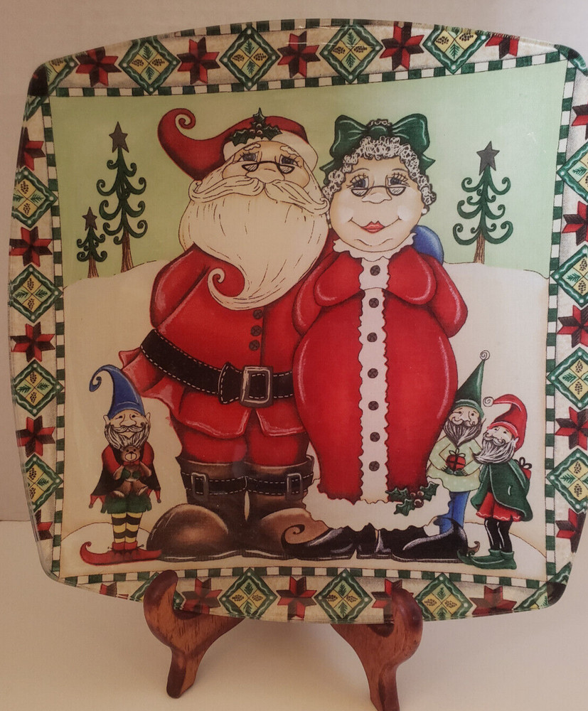 Christmas Platter Reverse Painted Mr&Mrs Claus with Elves