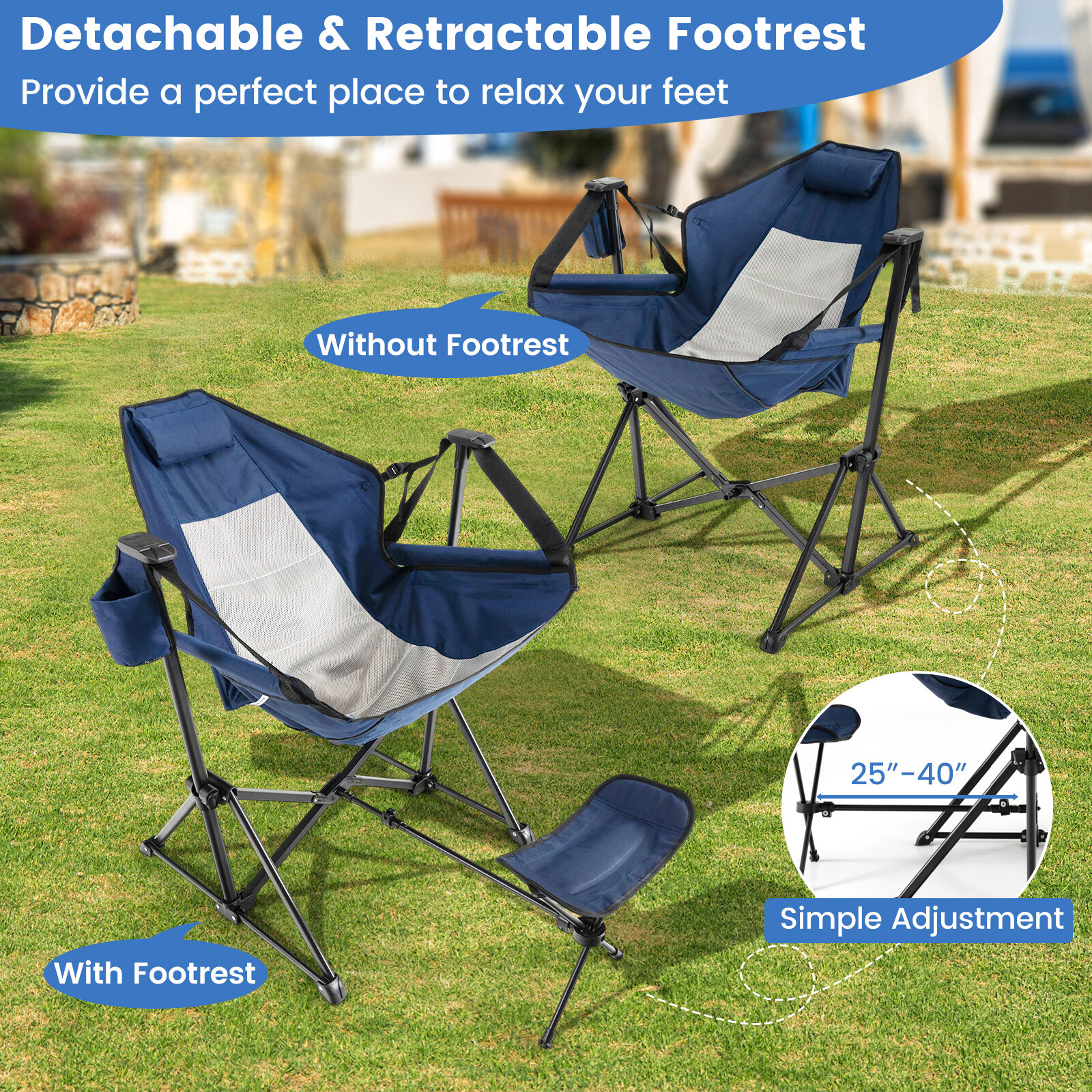 Hammock Camping Chair Swinging Camping Recliner with Retractable Footrest Navy