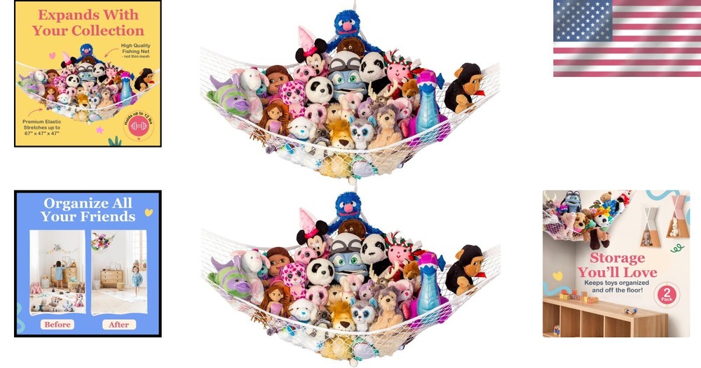 Space-Saving Corner Stuffed Animal Hammock 2 Pack | Decorative Storage Net