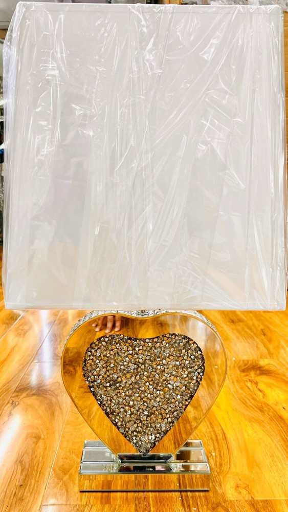 Large Bling Crushed Diamond Table Lamp with White Shade Ceramic Mirrored Base