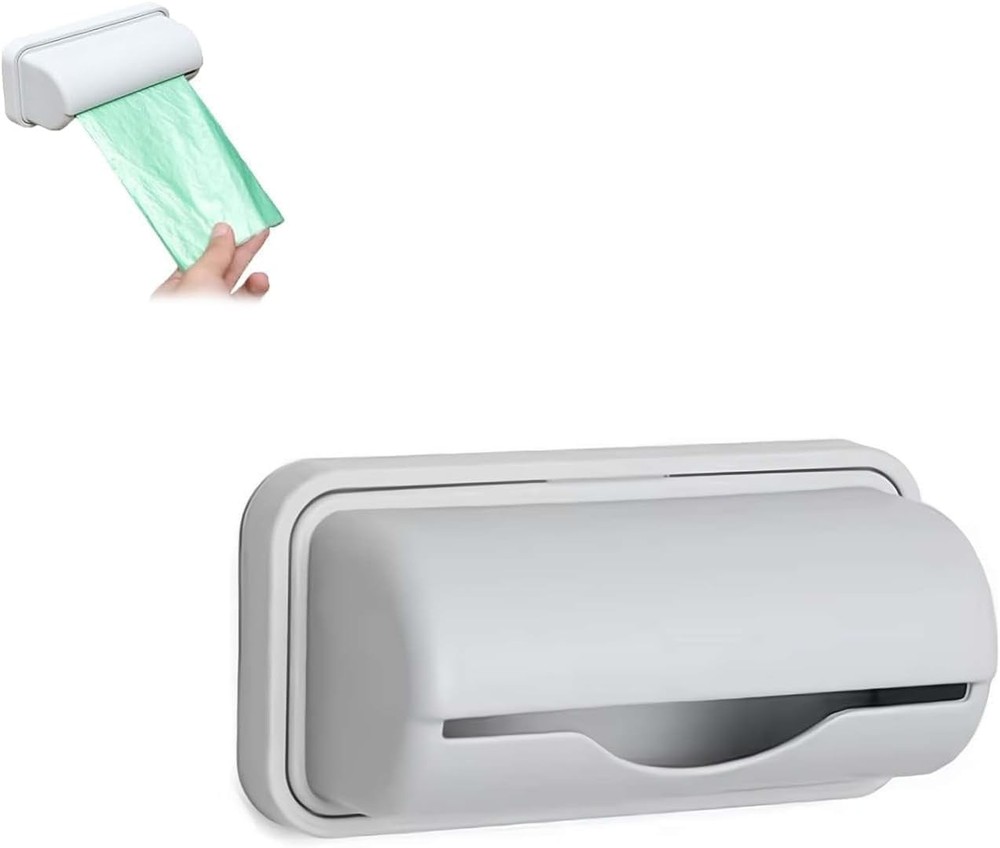 Gray wall-mounted garbage bag dispenser, small kitchen storage accessory