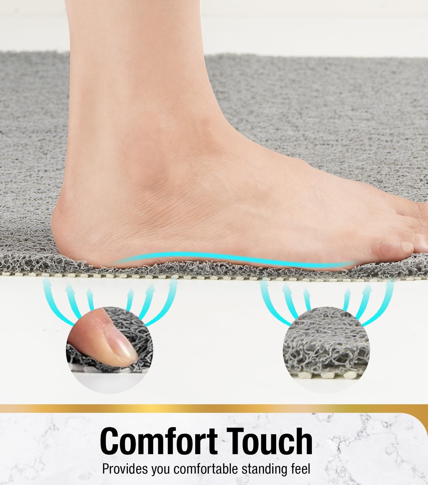 Bath Mat Non Slip, PVC Loofah Shower Mat For Tub, 24x16 Inch, Quick Dry, Grey