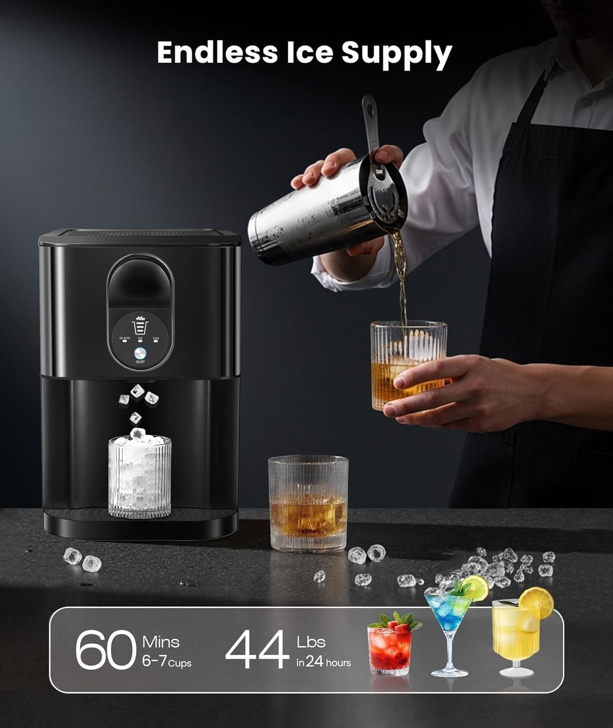 Nugget Ice Maker Countertop, 44lbs/24H Soft Chewable Pellet Ice Maker Machine Di